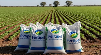 Cuatro sacos de fertilizante Fertipel con "Hecho en Costa Rica" visibles, descansando en un campo de cultivo con hileras verdes bajo un cielo azul claro.