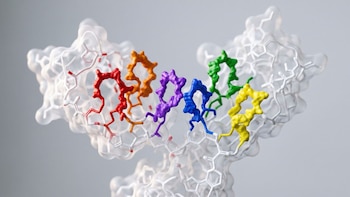 Modelo 3D de anticuerpo con estructura molecular principal blanca y translúcida, y seis bucles (CDR) en rojo, naranja, violeta, azul, verde y amarillo