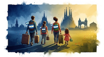 Acuarela: familia de cuatro con maletas, banderas de Nicaragua y Honduras en mochilas. Siluetas de Sagrada Familia y Puerta de Alcalá.