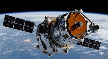 Un satélite con paneles solares negros y un espejo dorado orbita la Tierra. El planeta muestra nubes blancas y luces de ciudades en el fondo estrellado.