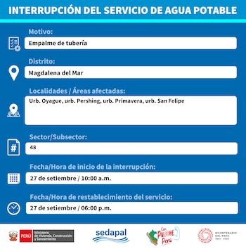 Sedapal realizará corte de agua