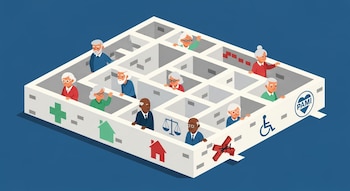 Ilustración de un laberinto con varias personas mayores buscando salida. En las paredes hay pictogramas de salud, vivienda, justicia, movilidad y el logo de PAMI.
