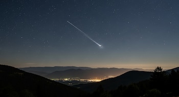 Cielo nocturno con estrellas y una estela de luz brillante que desciende hacia la izquierda. Bajo las montañas, se observan luces de una ciudad en el valle.