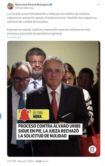 María José Pizarro aseguró que espera que el caso contra Álvaro Uribe revele la verdad - crédito @PizarroMariaJo/X