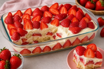 Un molde de vidrio y un plato rosa contienen un postre de crema con capas de bizcocho y fresas cortadas.