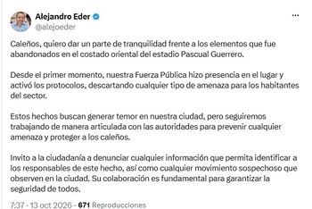 El alcalde de Cali, Alejandro Eder, confirmó después de las verificaciones que no había explosivos en la zona y comunicó que se había descartado una amenaza para los habitantes del sector - crédito @alejoeder/X