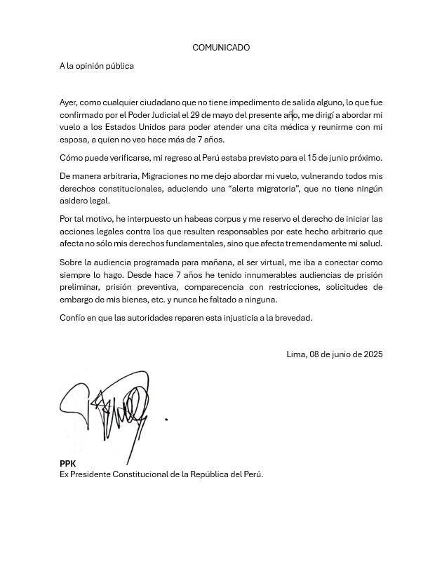 Comunicado del expresidente Pedro Pablo Kuczynski.