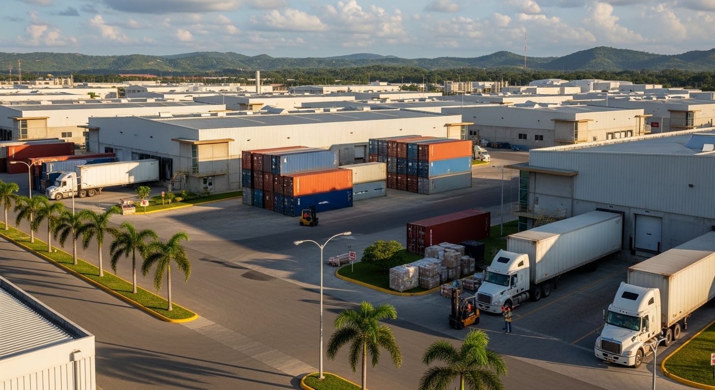 Vista aérea de una zona franca en República Dominicana, con múltiples almacenes, contenedores de envío apilados y camiones cargando, ilustrando la actividad logística y comercial vital para la economía del país. (Imagen Ilustrativa Infobae)