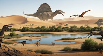 Ilustración de oasis desértico con dunas y lagunas. Un Spinosaurus y varios dinosaurios, junto a un pterosaurio en vuelo, habitan el paisaje prehistórico.