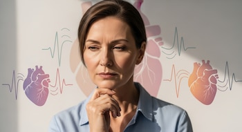 Primer plano de una mujer de mediana edad con expresión pensativa, mano en la barbilla, sobre un fondo con ilustraciones de corazones y ondas de pulso.