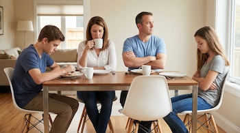 Familia de cuatro sentada en una mesa moderna, sin mirarse, con expresiones de molestia y brazos cruzados.