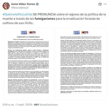 El comunicado se emitió la mañana del martes 1 de septiembre de 2026 - crédito @IreneVelezT/X