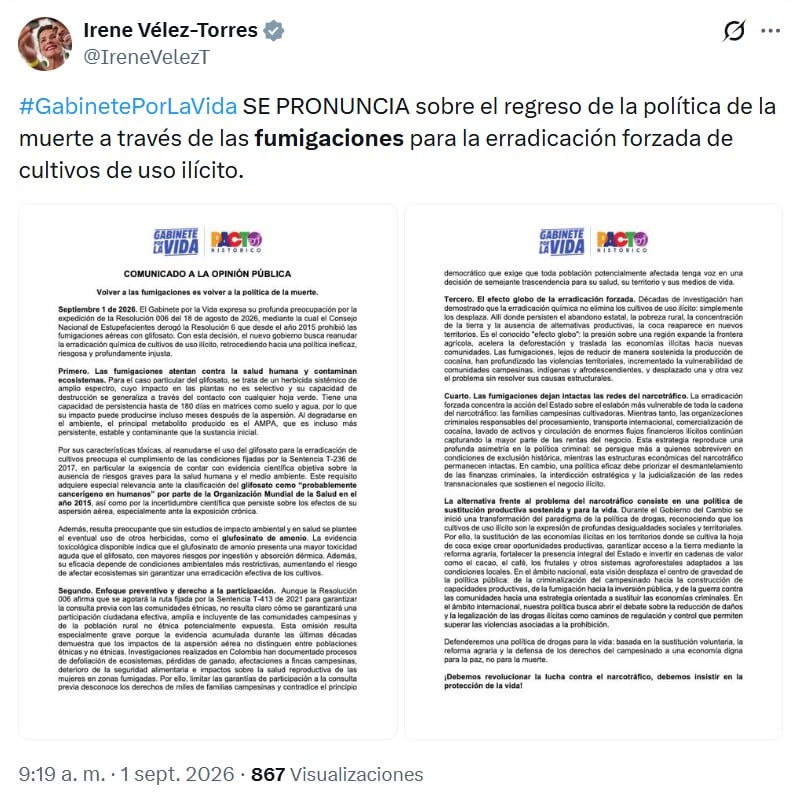 El comunicado se emitió la mañana del martes 1 de septiembre de 2026 - crédito @IreneVelezT/X