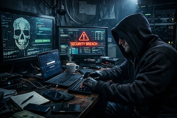 Un hombre encapuchado y con guantes teclea en un ordenador, rodeado de múltiples pantallas con códigos y alertas de ciberseguridad en una oficina oscura.