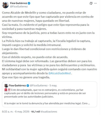 Las reacciones de la Alcaldía de Medellín ante la decisión que dejó en libertad a José Abelardo Rocha Moncada tras el ataque a una recepcionista - crédito @FicoGutierrez/X