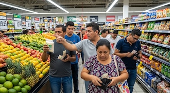 Personas caminan por pasillo de supermercado con estantes de frutas, verduras y productos. Un hombre sostiene una bolsa de arroz y billetes, otro hombre y una mujer abren sus billeteras.