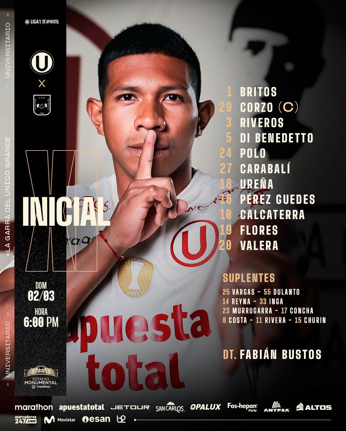 Once de Universitario frente a Alianza Universidad.