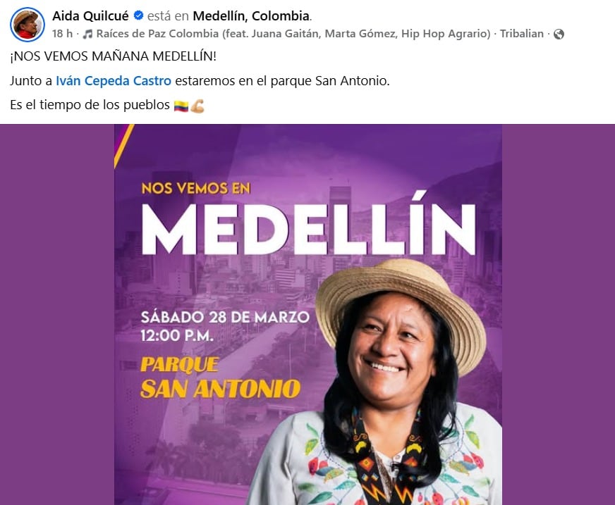 La senadora Aida Quilcué con trayectoria política insiste en mantener firmeza y determinación frente a las cifras recientes, estableciendo el esfuerzo constante como su principal estrategia en medio de una carrera competitiva - crédito @Aida Quilcué / Facebook