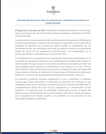 La Cancillería de Colombia se pronunció sobre la detención de tres colombianos en Arabia Saudita - crédito @CancilleriaCol/X