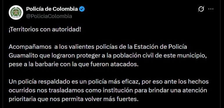 La Policía Nacional realizó la evacuación aérea de los uniformados tras los ataques contra la subestación de Guamalito - crédito @PoliciaColombia / X