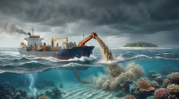 Vista de un buque dragador descargando arena en el océano. La imagen muestra la superficie y el fondo marino, con un arrecife de coral impactado por la descarga.