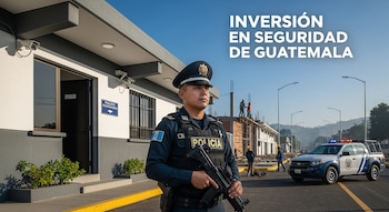Un agente de policía de Guatemala con uniforme, chaleco y fusil frente a un edificio con cámaras de seguridad, junto a una patrulla y obras de construcción.