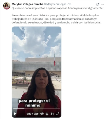 Captura de pantalla de un post en X con el perfil de Marybel Villegas Canché y un video donde ella habla frente a un edificio con la bandera de México