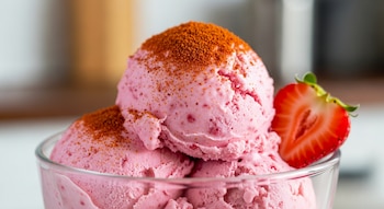 Un tazón de vidrio transparente contiene tres bolas de helado de fresa rosado, espolvoreado con chile en polvo y decorado con media fresa fresca en el borde.