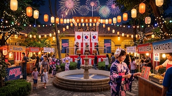 Una joven con kimono y máscara de zorro atiende un puesto en un patio decorado con faroles, puestos de comida, músicos y fuegos artificiales.