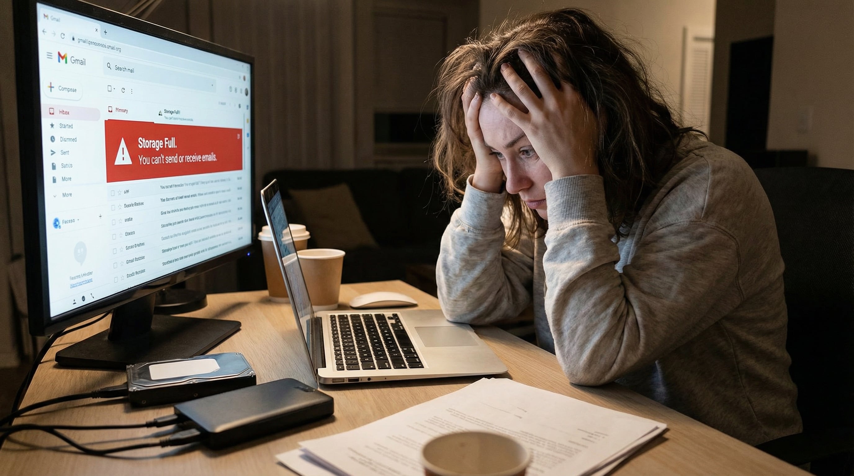 Una persona muestra frustración al recibir una alerta de almacenamiento lleno en su cuenta de Gmail. (Imagen Ilustrativa Infobae)