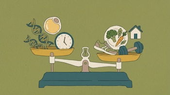 Ilustración plana de una balanza antigua con ADN, una célula adiposa y un reloj en el platillo izquierdo; en el derecho, una zapatilla, verduras, una casa y una pesa.