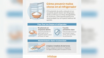 Infografía detallando cómo prevenir malos olores en el refrigerador, mostrando un refrigerador con bicarbonato, una mano limpiando un derrame y un escudo protector.