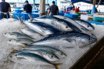 Varios pescados enteros sobre una cama de hielo picado en un mostrador de madera, con trabajadores y cajas de plástico al fondo.