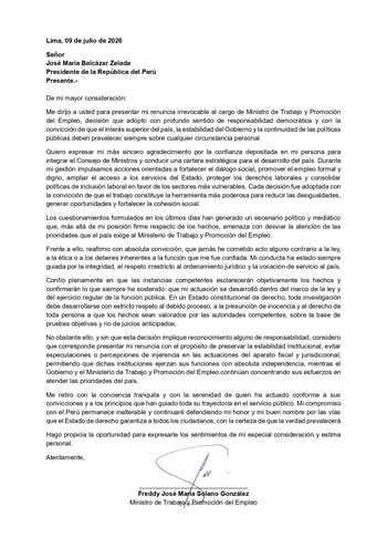 Carta de renuncia del ministro de Trabajo, Freddy Solano