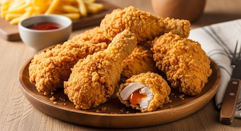 Varias presas de pollo frito y crocante sobre una fuente de madera. Hay un trozo abierto con salsa anaranjada, un tazón de salsa, papas fritas y una servilleta.