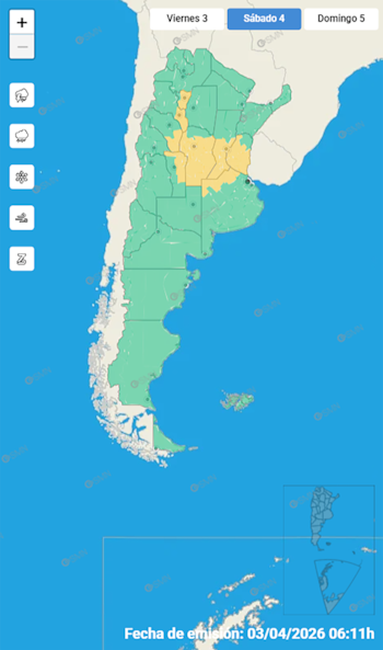 Mapa meteorológico de Argentina mostrando alertas por clima en zonas verdes y amarillas. Se visualizan iconos de lluvia y tormenta y la fecha de emisión