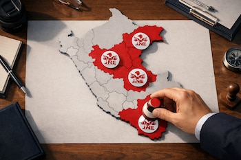 Mapa de Perú sobre una mesa, con algunas regiones en rojo y otras en gris. Sellos circulares del JNE se observan sobre las regiones rojas. Una mano coloca un sello sobre una de las regiones.