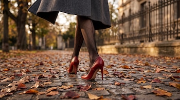 Piernas de mujer con medias oscuras y zapatos rojos de tacón sobre un pavimento de adoquines cubierto con hojas de otoño.