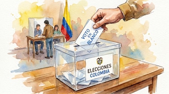 Ilustración en acuarela. Una mano deposita un voto en blanco en una urna transparente con el logo "Elecciones Colombia". Al fondo, personas votando y una bandera colombiana.