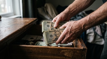 Manos adultas colocan fajos de billetes de dólares estadounidenses amarrados con gomas en un cajón de madera abierto.