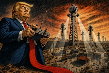 Ilustración de Donald Trump con un control remoto junto a torres de vigilancia, reflectores, un muro y un grupo de casas en el desierto.