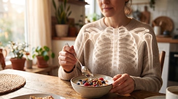 Una mujer sentada a la mesa come yogur con frutas de un tazón, con un gráfico del tórax óseo superpuesto en su pecho.