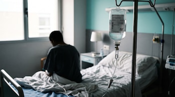 Bolsa de suero de antibiótico colgada en un soporte en primer plano con una persona desenfocada sentada en una cama de hospital.