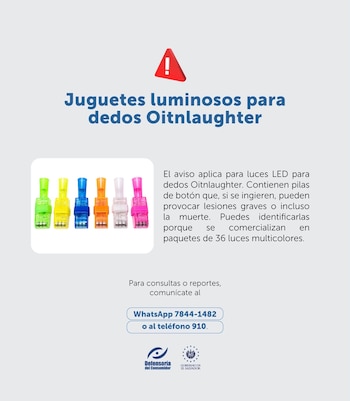 Los juguetes luminosos para dedos fueron retirados por el acceso fácil a pilas de botón y el riesgo de ingestión infantil. (Cortesía: Defensoría del Consumidor)