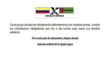 Panfleto intimidatorio Águilas Negras
Twitter -