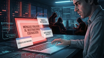 Ilustración de un hombre preocupado ante una laptop que muestra errores de envío de correo y datos expuestos, con siluetas de hackers en el fondo de una oficina oscura.