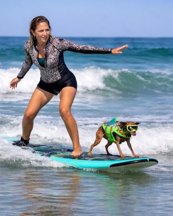 Una mujer y su perro superaron el cáncer y ahora surfean juntos en competencias