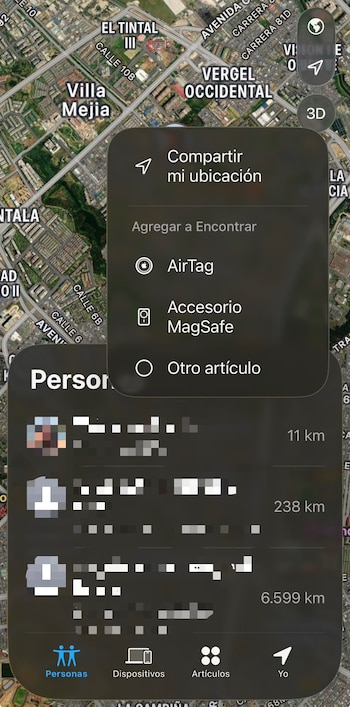 Captura de pantalla de teléfono móvil. Mapa de ciudad. Menú con opciones de compartir ubicación, AirTag, MagSafe. Lista de contactos con distancias