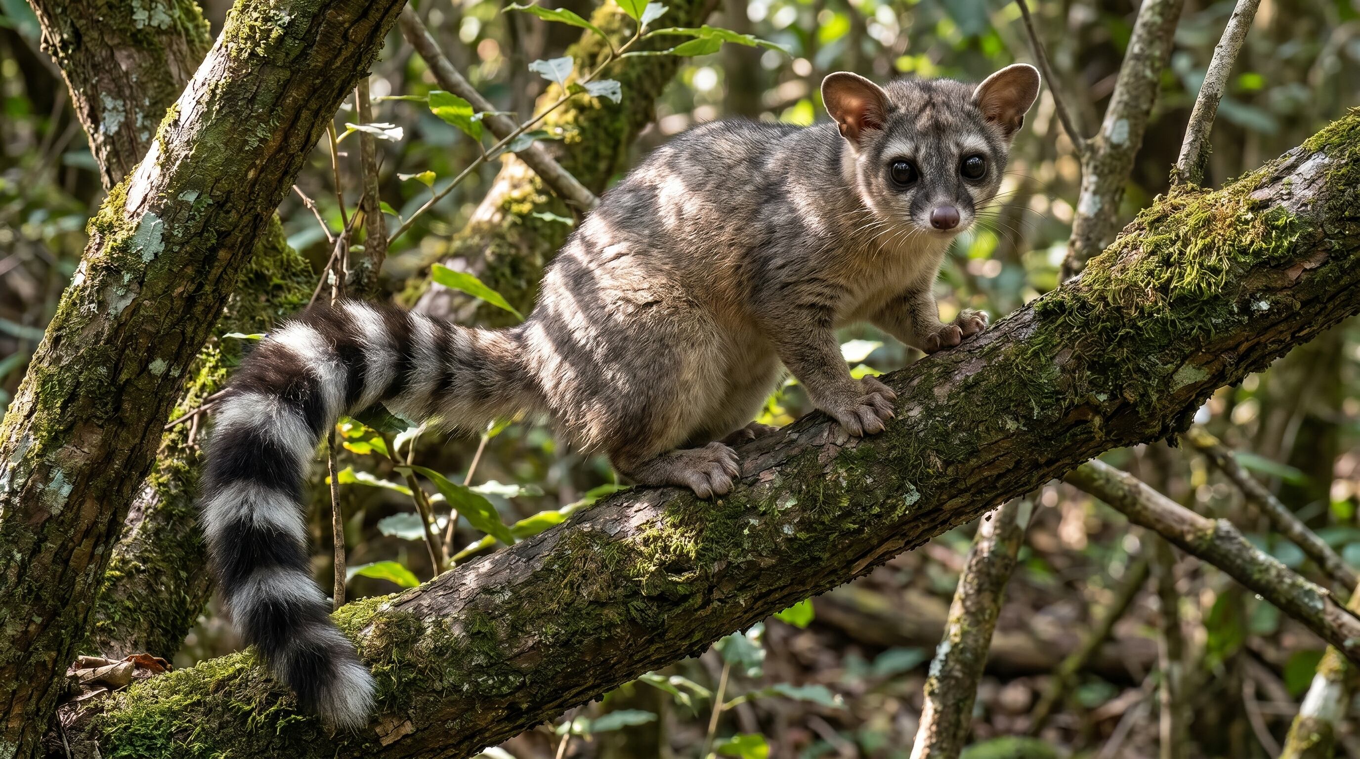 Un cacomixtle de pelaje gris y cola anillada, mira fijamente desde una rama de árbol cubierta de musgo en su entorno natural. (Imagen Ilustrativa Infobae)