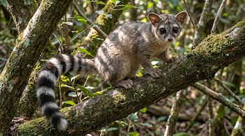 Un cacomixtle gris con cola anillada blanca y negra, de grandes ojos, sentado en una rama cubierta de musgo. El fondo es un bosque verde borroso.
